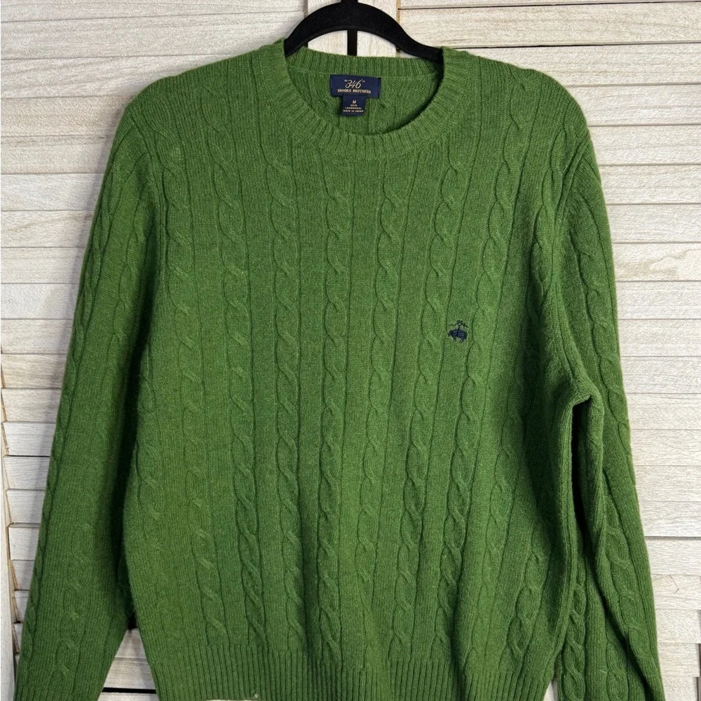 Brooks Brothers 365 Lambswool Green Cable Knit Crewneck Sweater Medium Preppy